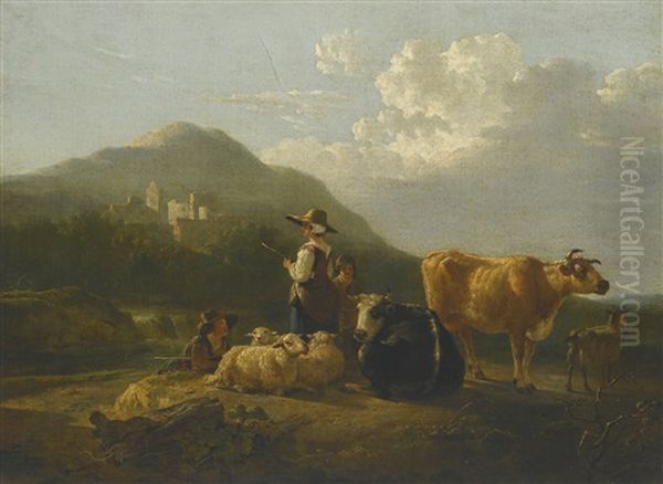 A Pastoral Landscape, With Two Shepherds With Their Sheep And Cattle By A River, A Ruined Castle And Mountains Beyond by Jacob Van Stry
