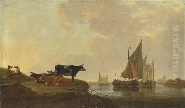 Drovers And Their Cattle On A River Bank, With Shipping And A Cathedral Beyond - view 1
