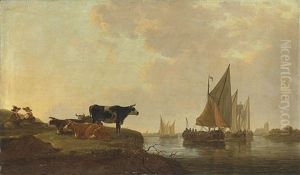 Drovers And Their Cattle On A River Bank, With Shipping And A Cathedral Beyond