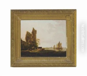 A View Of The Merwede Castle, With Cattle And Peasants By The River Estuary, Shipping Beyond