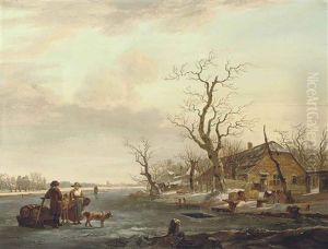 A View Of Dordrecht, With Figures And A Dog On The Frozen Devel River, The Grote Kerk Beyond