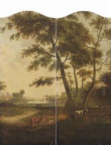 A Wooded River Landscape With Farmers And Cattle In A Meadow And Villages On The River Banks Beyond; A Companion Painting (pair) by Jacob Van Stry
