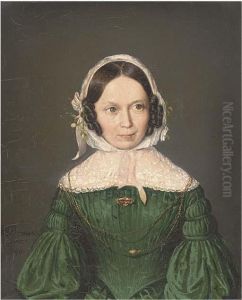 Portrait Of A Lady, Half Length In A Green Dress, Lace Collar And Bonnet by Karl Brauer