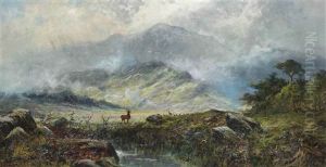 Stags In A Misty Highland Landscape by Charles Stuart