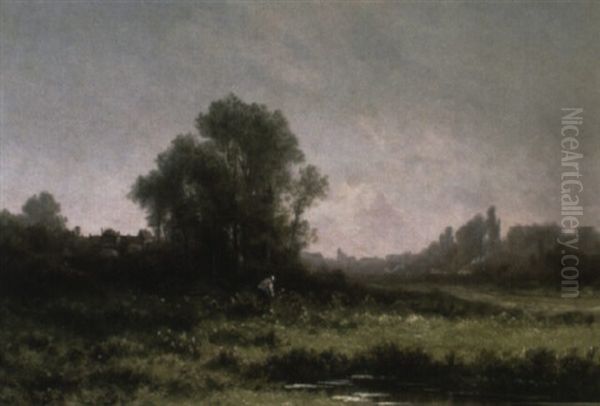 A Peasant Gathering Flowers In A River Landscape - view 1