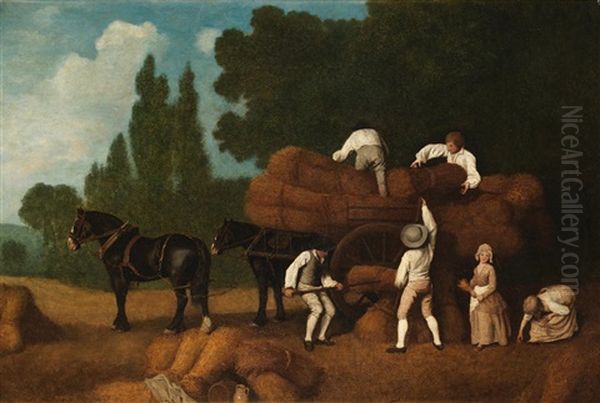 Men Loading Sheaves Of Corn Onto A Cart, With Two Young Girls Gleaning - view 1