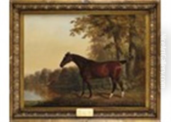 A Dark Bay Hunter In A Wooded Lake Landscape, Painted For A Member Of The Peyton Family - view 1