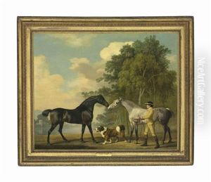 Two Hunters With A Young Groom And A Dog By A Lake by George Stubbs
