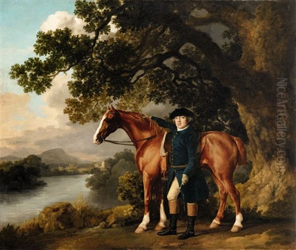 A Gentleman In Riding Clothes Standing Beside A Chestnut A Hunter - view 1
