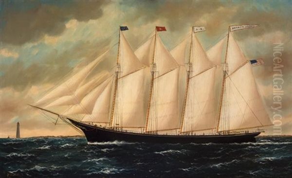 The Four-masted Schooner Andrew Adams Sailing Past A Lighthouse - view 1