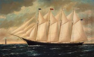 The Four-masted Schooner Andrew Adams Sailing Past A Lighthouse by William Pierce Stubbs