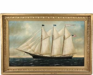 Portrait Of The Three Mast Wooden Hulled Schooner 'harry Prescott' Passing A Lighthouse
