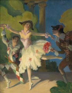 Commedia Dell'arte: Balletttanzerin Mit Zwei Harlekinen by Robert Emil Stuebner