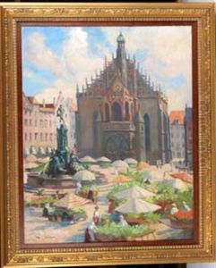 Der Nurnberger Hauptmarkt Mit Dem Neptunbrunnen Und Der Frauenkirche by Robert Emil Stuebner
