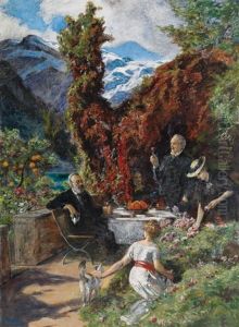 Gottfried Keller Und Conrad Ferdinand Meyer An Tafelrunde Vor Gebirgslandschaft by Ernst Stueckelberg