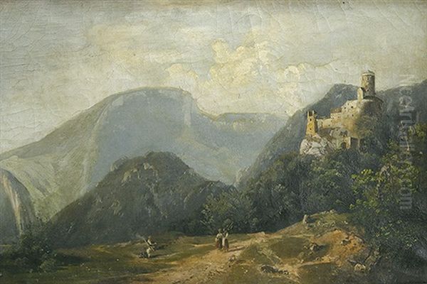 Bauernmadchen Auf Dem Weg Zu Einem Am Fus Einer Burg Gelegenen Dorf, Im Hintergrund Die Alpen - view 1