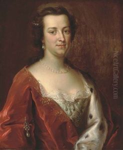 Portrait Of Gertrude Leveson-gower Wearing An Ermine-lined Shawl And A String Of Pearls by Johann Rudolf Studer