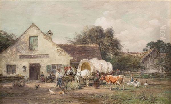Landleben Mit Pferdefuhrwerk Vor Einem Gasthof - view 1