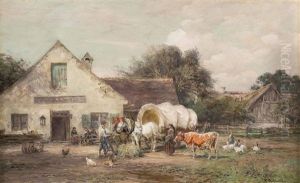 Landleben Mit Pferdefuhrwerk Vor Einem Gasthof Landleben Mit Pferdefuhrwerk Vor Einem Gasthof