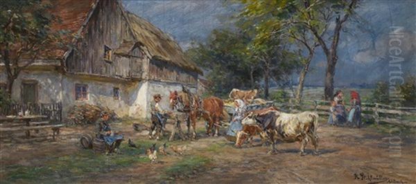 Farmers With Cattle And A Horse Carriage In Front Of A Farmstead - view 1