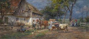 Farmers With Cattle And A Horse Carriage In Front Of A Farmstead