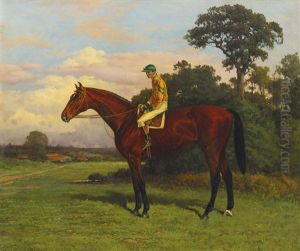 Horse And Jockey, Green With Yellow Stripe Silk by Henry Stull