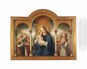 The Virgin And Child (central), Three Angels Playing The Harp And The Flute (left), Three Angels Playing The Lute And Singing (right Wing) Triptych by Friedrich Franz Stummel