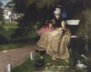 Dans Le Parc Du Chateau: Femme Et Sa Fille Devant Une Mare Animee Aux Canards by Friedrich Franz Stummel