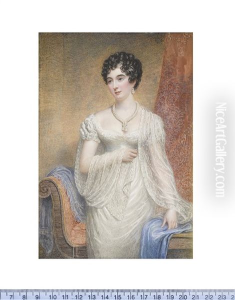 A Lady, Standing Before A Chaise Longue And Drapery, Wearing White Decollete Dress And Lace Stole, Multi-stranded Pearl Necklace, Bandeau And Pendant Earring, Her Dark Hair Curled And Upswept - view 1