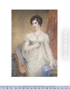 A Lady, Standing Before A Chaise Longue And Drapery, Wearing White Decollete Dress And Lace Stole, Multi-stranded Pearl Necklace, Bandeau And Pendant Earring, Her Dark Hair Curled And Upswept by Samuel John Stump