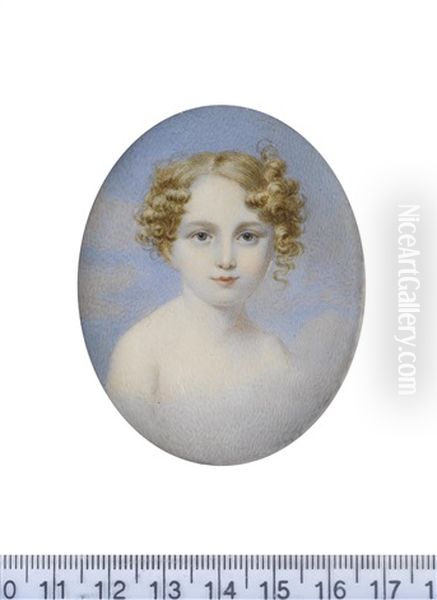 A Memorial Portrait Miniature Of A Child With Strawberry-blonde Hair Cropped Short And Curled In Ringlets, Floating In A Sky Background - view 1