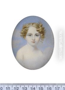 A Memorial Portrait Miniature Of A Child With Strawberry-blonde Hair Cropped Short And Curled In Ringlets, Floating In A Sky Background