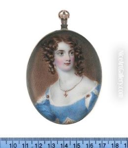 A Lady, Wearing Decollete Blue Dress, Slashed At The Shoulders To Reveal White, Pearls And Rubies At Her Waist And Shoulders, Necklace With Gold And Ruby Pendant, Pearl Pendent Earrings