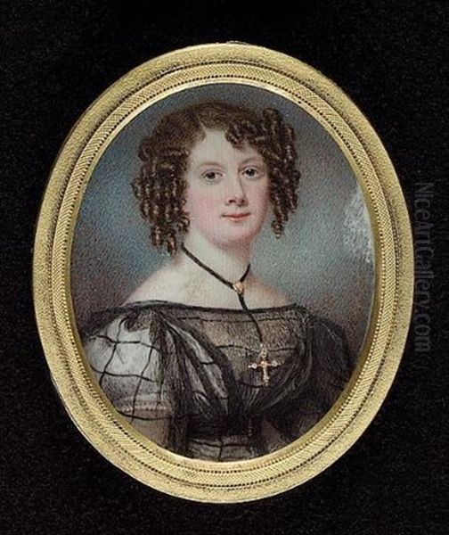 A Lady Wearing White Dress With Black Transparent Overdress, A Large Gold Cross At Her Neck, Her Hair In Ringlets - view 1