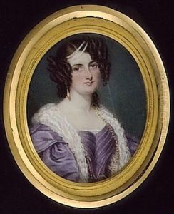 Mrs. Meredit, Wearing Mauve Dress, White Fur Stole, Gold Necklace, Pendant Earrings And Pearls In Her Hair