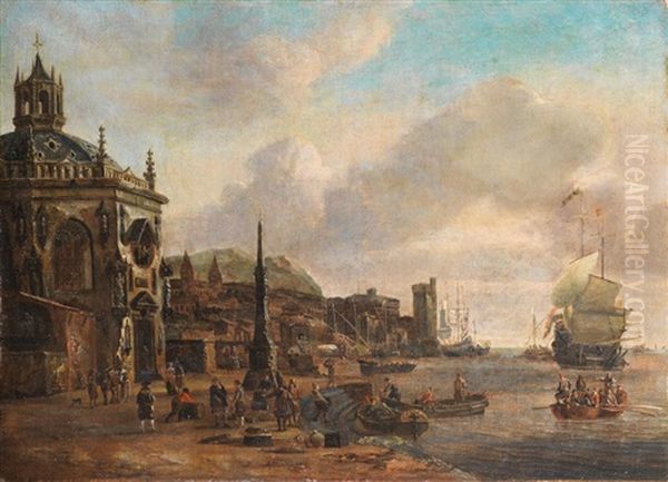 A Harbour With Figures Loading Barges In The Foreground, Shipping At Anchor Beyond - view 1