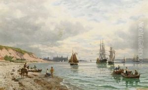 Strandansicht Mit Fischern Mit Blick Auf Schloss Kronborg Bei Helsingor, Danemark