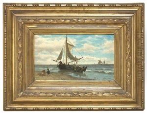 Am Strand: Spazierganger Auf Einer Landungsbrucke (+ Entladen Eines Seegelbootes; Pair)