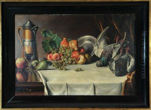 Stillleben Mit Obstschale Und Zwei Tauben