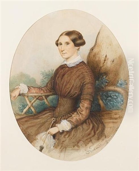 A Lady, Seated On A Wooden Bench, Wearing A Brown Dress With White Lace Collar, A Lorgnette Hanging From A Chain At Her Neck, A Parasol In Her Hand - view 1