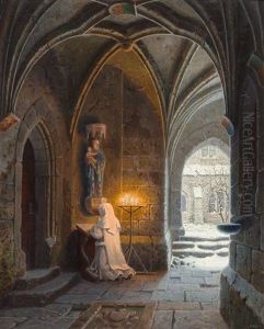 Betende Nonne In Einem Kreuzgang Vor Madonna. Seitlich Durchblick Auf Verschneiten Innenhof