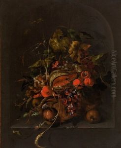 Still Life With Fruits, Vine Leaves, Ears Of Corn And Insects In A Stone Niche
