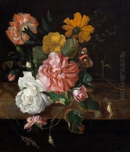 Arrangement Of Flowers On A Stone Slab With Butterfly, Small Snail And Further Insects