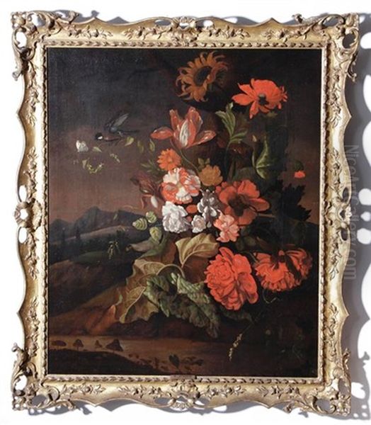 Floral Still Life Within Landscape With Bird And Butterfly - view 1