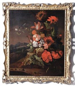 Floral Still Life Within Landscape With Bird And Butterfly
