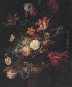 Roses, Tulips, Irises And Other Flowers In A Glass Vase, With An Open Pocket Watch And Key, On A Marble Ledge