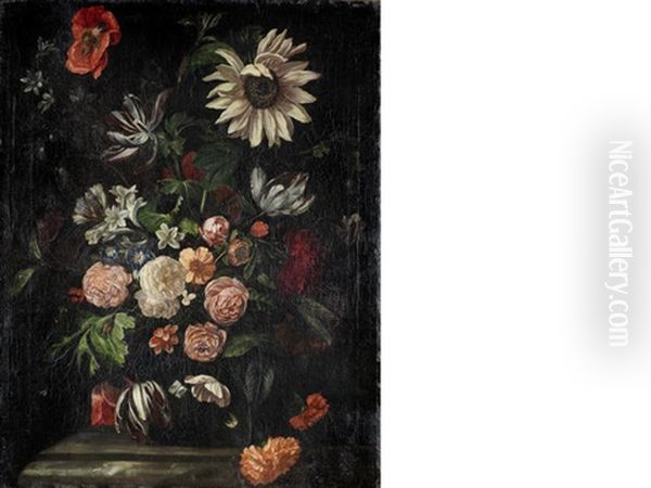 Roses, Tulips, Poppies, A Sunflower And Other Flowers In A Glass Vase On A Stone Ledge - view 1