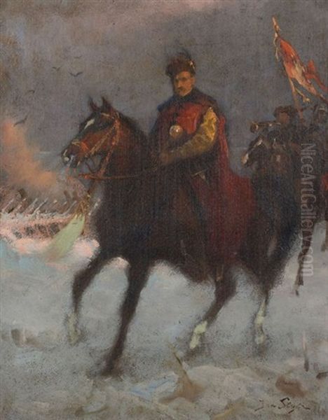 Officier Chevauchant Dans La Neige - view 1