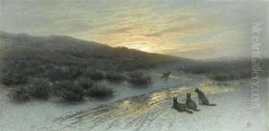 Schneelandschaft Mit Wolfen Bei Abendrot