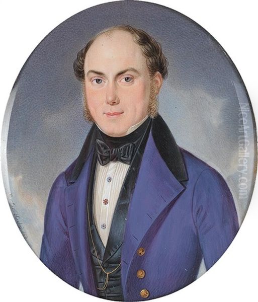 A Portrait Of A Gentleman With A Bold Head In Plum Blue Jacket Against A Cloudy Background - view 1